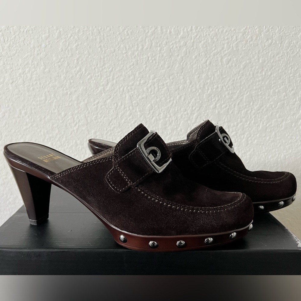 Stuart Weitzman Double Agent Dark Brown Suede Studded Mule Clogs